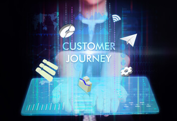 Business, Technology, Internet and network concept. Young businessman working on a virtual screen of the future and sees the inscription: Customer journey