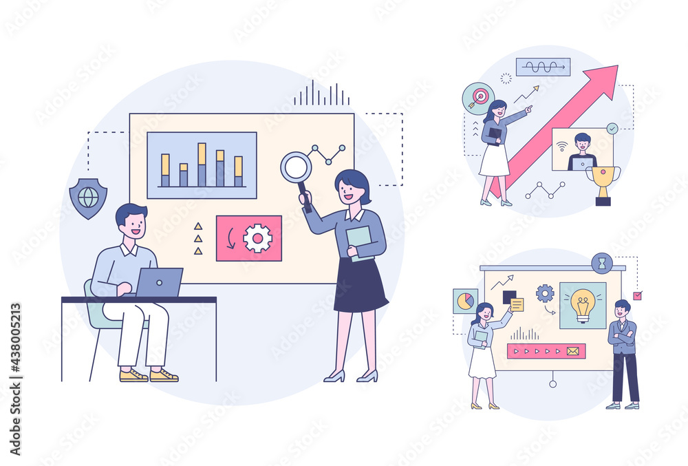 Poster business professionals thinking of ideas while looking at graphs. outline flat design style minimal 