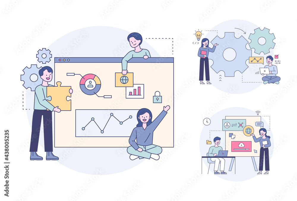 Poster people who analyze and present large web pages and data. outline flat design style minimal vector il