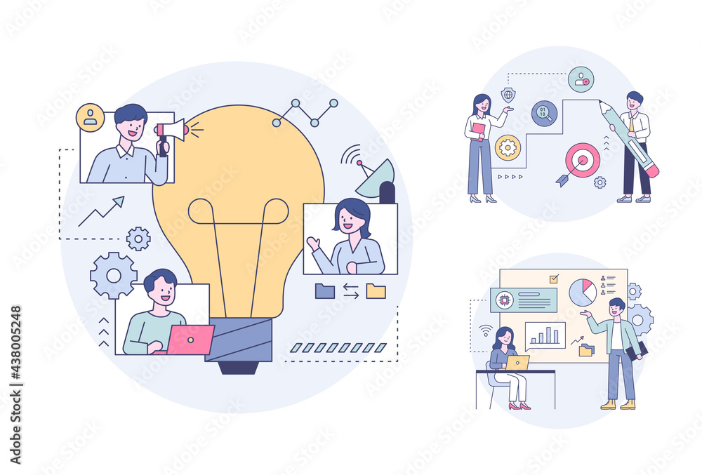 Poster people having a meeting around a large light bulb and making a presentation while looking at the gra