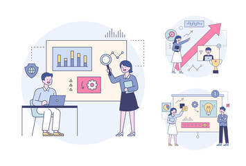 Business professionals thinking of ideas while looking at graphs. Outline flat design style minimal vector illustration set.