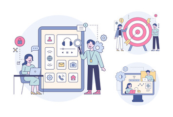 People looking at mobile screens, people meeting online, people standing next to a big target. Outline flat design style minimal vector illustration set.