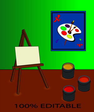 easel with paints and brushes