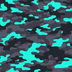Abstract seamless blue camouflage pattern for printing clothes, fabrics. Army background. Vector design.