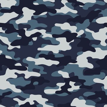 Abstract seamless camouflage pattern for printing clothes, fabrics. Army blue background. Vector design.