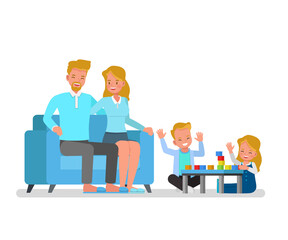 Happy family character vector design. Parents with children playing building blocks at home.