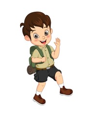 Cartoon boy explorer with backpack waving hand