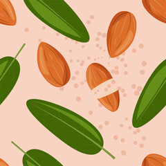 Almonds and green leaves seamless pattern. Vector illustration