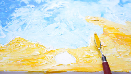 Ocean acrylic painting with palette knife on canvas with blue and turquoise .Golden sand on beach with trowel texture technic. Water splash art hand paint.  Summer and seascape feeling and tone.