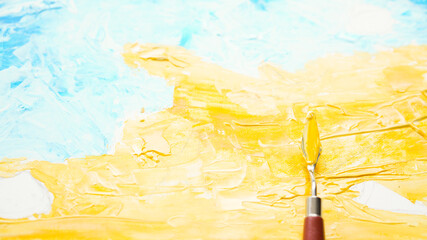 Ocean acrylic painting with palette knife on canvas with blue and turquoise.. Golden sand on beach with trowel texture technic. Water splash art hand paint.  Summer and seascape feeling and tone.