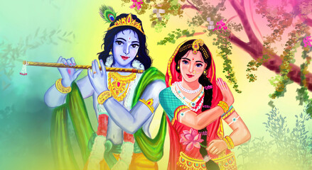 Radha Krishna, Lord Krishna, Radha Krishna Painting with colorful background - obrazy, fototapety, plakaty