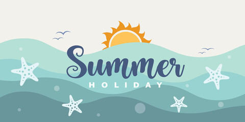 Summer background with starfish and creative design sea waves background. Vector illustration.