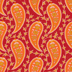 Paisley Seamless pattern. Turkish cucumber. Maroon-orange color, floral oriental ornament.