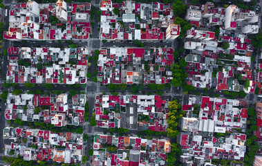 Many buildings seen from the sky, drone view, autumn and reddish colors.