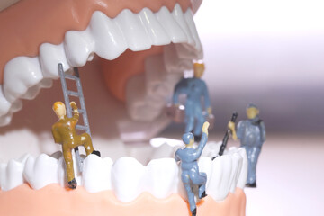 Miniature people or small figure worker cleaning tooth model as medical and healthcare concept....