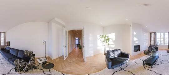 Wide angle 360 panorama of comfortable living room with parquet flooring and soft carpet furnished...