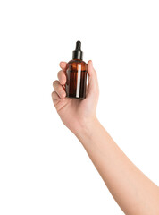 Woman hand holding a bottle serum isolated on white background.