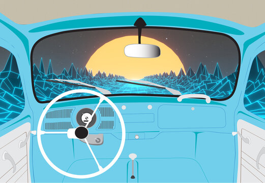 View Inside Of Vintage Beetle Car On 80s Road Background. Retro Interior Old Car On The Abstract Street Sunset Background.	