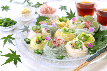 カラーそうめん　アレンジそうめん　ソーメンカナッペ　手まりそうめん