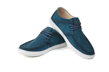 A pair of stylish perforated summer blue men's boots isolated on a white background.