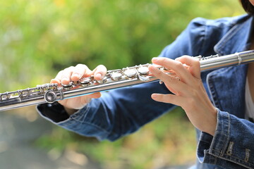 Flute classical instrument player playing song. Instructor practicing bronze woodwind for orchestra...