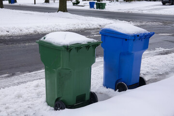 A blue and a green trash can covered with snow by the side of a snow covered, freshly plowed street...
