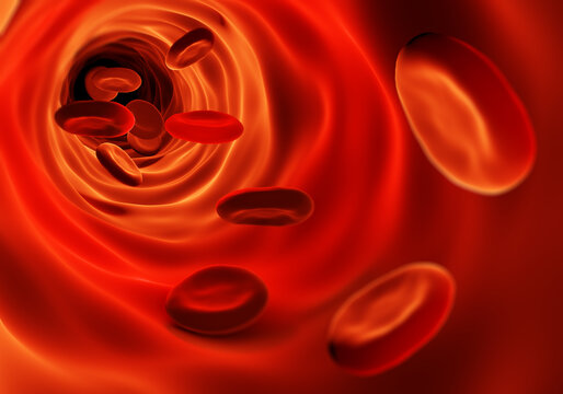Hemoglobin cells floating in a vessel like an artery or vein in the blood stream. Blood cells in an artery. 3d illustration Treatment of cardiological problems