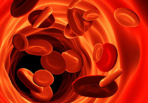 Hemoglobin cells floating in a vessel like an artery or vein in the blood stream. Symbol of medical health care cardiology and cardiovascular suitability. Blood cells in an artery. 3d illustration