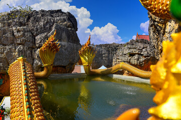 Twin Stucco painted as a large serpent on the mountains at Wat Phu Taphao Thong temple Udon thani...