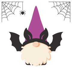 Cute Scandinavian gnome character in Halloween bat costume. Flat cartoon style vector illustration, isolated on white background.