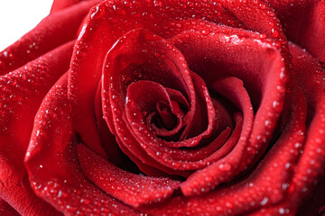 Beautiful red rose with many camels on the petals on a white background. Macro photo
