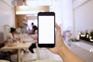 Close up of women's hands holding cell telephone blank copy space screen. smart phone with technology concept