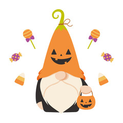 Cute Scandinavian gnome character in Halloween pumpkin costume. Flat cartoon style vector illustration, isolated on white background.