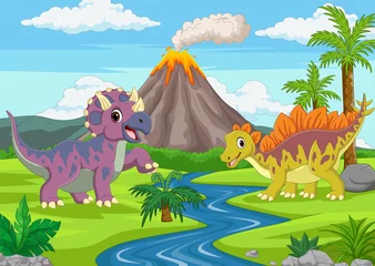 Photo sur Plexiglas Chambre denfants Dinosaures drôles de dessin animé dans la jungle