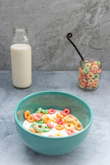 Breakfast with colored cereal served in a bowl