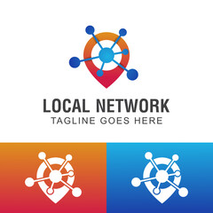 business logos of network location with pin map symbol