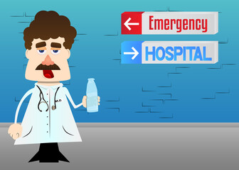 Funny cartoon doctor holding a glass of water. Vector illustration. Health care worker with  a bottle.