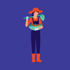 Woman Farmer Holding Basket Of Vegetables And Carrying Shovel On Shoulder. Agriculture Occupation.