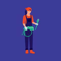 Fototapeta premium Woman Plumber Holding Adjustable Wrench. Industrial Occupation.