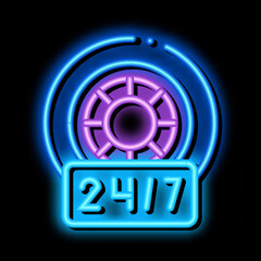 round-the-clock repair of wheels and tires neon light sign vector. Glowing bright icon round-the-clock repair of wheels and tires sign. transparent symbol illustration