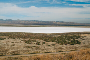 Carrizo Plain National Monument, San Luis Obispo County, California. Soda Lake, desert with native plants, hills, mountains, and cloudy sky background
