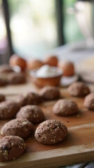 Oatmeal and banana chocolate cookies while preparation from dough to baking. Dessert recipe of pastry. Sweet homemade bake