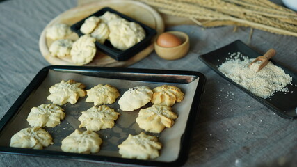 Soft bread cookies homemade, traditional dessert.  Preparation to make dough and bake them for brown baked cookies recipe.