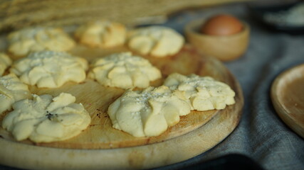 Soft bread cookies homemade, traditional dessert.  Preparation to make dough and bake them for brown baked cookies recipe.