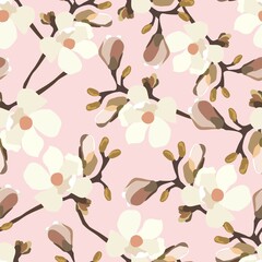 Vintage flowers. Seamless pattern. A branch of a blossoming tree. Flat vector isolated illustration. Pastel colors.