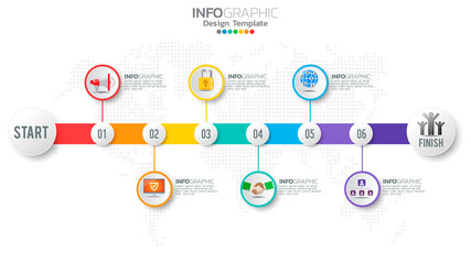 Infograph 6 step color element with arrow, chart diagram, business online marketing concept.