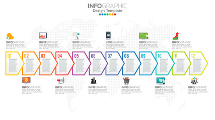 Timeline infographic template with 12 month.