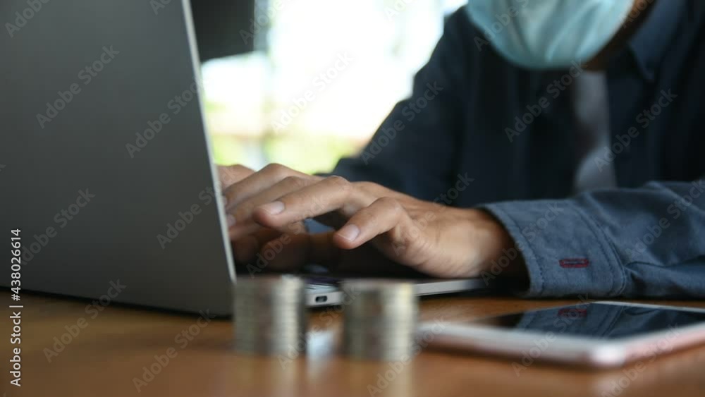 Poster close up hand typing computer laptop typing working in cafe.