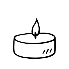Burning tea light candle isolated on white background. Vector hand-drawn illustration in doodle style. Suitable for cards, logo, decorations. - obrazy, fototapety, plakaty