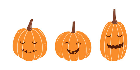 Set of cute smiling pumpkins for Halloween isolated on white background. Vector hand-drawn illustration in cartoon flat style. Suitable for cards, invitations, greeting designs, decorations.